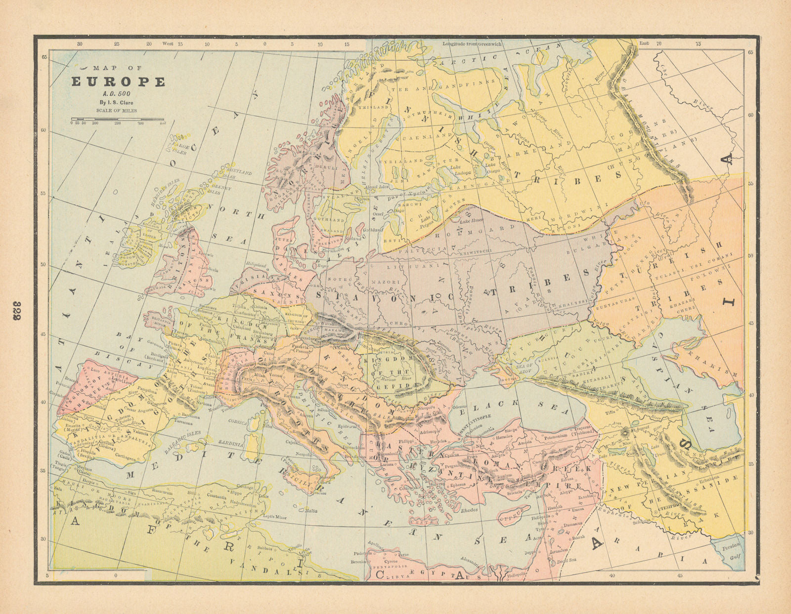 Map of Europe, AD 500 by I.S. CLARE 1894 old antique vintage plan chart